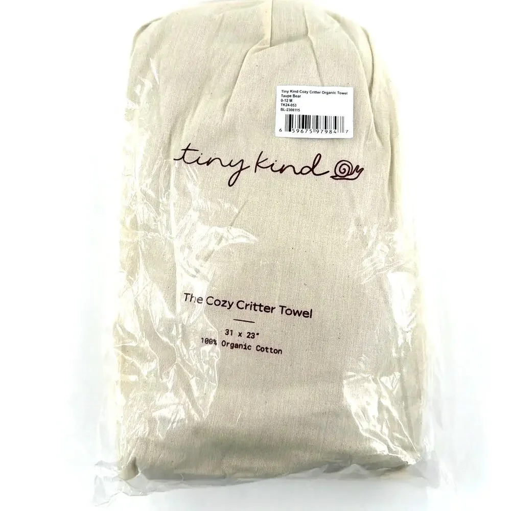 Tiny Kind Cozy Critter Organic Towel Taupe Bear Size 0-12 M
